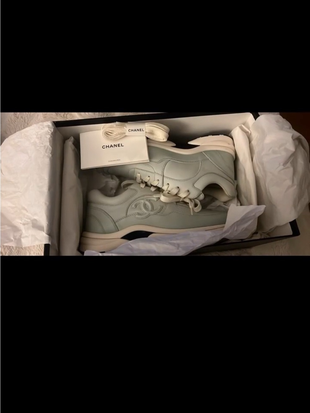 CHANEL Leather Sneakers in Pale Mint and Cream